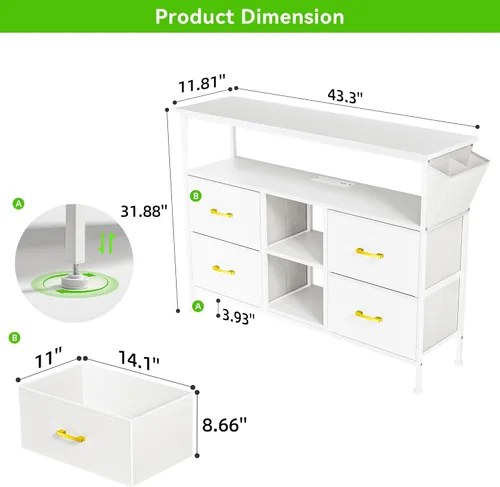 Vista 26 de Cómoda para dormitorio, soporte de TV con tomas de corriente y luz LED, cómoda de 6 cajones con bolsillos laterales y ganchos, cómoda ancha