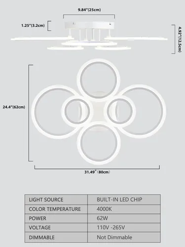 Vista 4 de Vikaey Lámpara de Techo LED Moderna de Montaje al Ras, 6 Anillos Blancos Lámpara de Techo Cerca del Techo, Lámpara de Iluminación para Sala de Estar