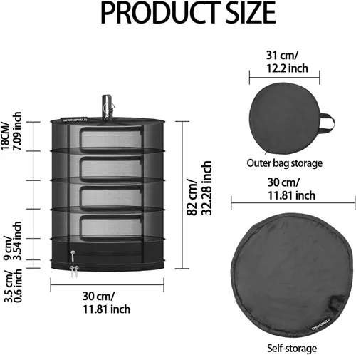 Vista 2 de Rejilla colgante de malla para colgar hierbas, pequeño estante de secado de plantas de 5 capas con cremallera tipo puerta y compartimento