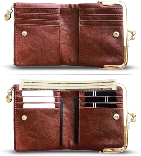 Vista 2 de AOXONEL Cartera pequeña Rfid para mujer, compacta, plegable, de cuero, vintage, con cremallera y cierre de beso, Vintage