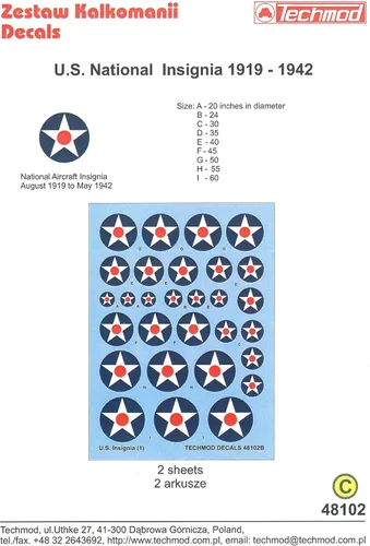 Vista 2 de Techmod 48102 1/48 US National Insignia 1919-1942 2 hojas de calcomanías húmedas para aviones