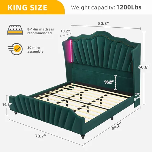 Vista 23 de DWVO Base de cama de plataforma tamaño Queen con cabecera y estribo de 60 pulgadas de alto, cama tapizada de terciopelo con luz LED, patas de madera