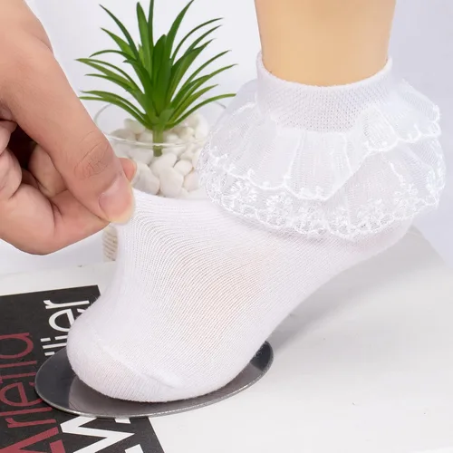 Vista 2 de Looching Paquete de 5 calcetines de algodón con volantes para bebés y niñas pequeñas, con ribete de volantes, estilo princesa, para niños de 1 a 15