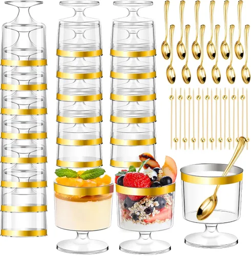 Vista 11 de DI QIU REN 120 Piezas Vasos de Postre de 5oz con Cuchara Dorada, Vaso de Plástico Transparente para Postre Parfait Aperitivo Pudín, Copas Redondas