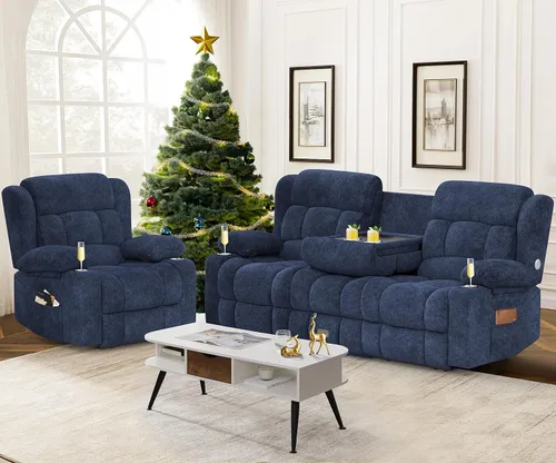 Vista 14 de Dresegmt - Juego de sofá reclinable con consola, diseño de respaldo central abatible, sofá de 3 plazas y sillón reclinable individual, sofás Gris