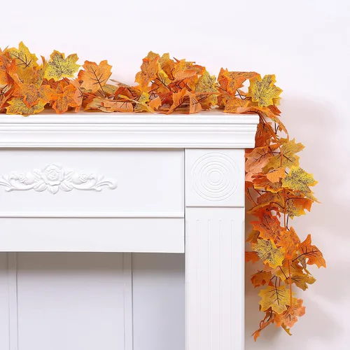 Vista 5 de Paquete de 2 guirnaldas de hojas de arce para colgar, guirnalda artificial de follaje otoñal para el hogar, boda, chimenea, fiesta, día de Acción