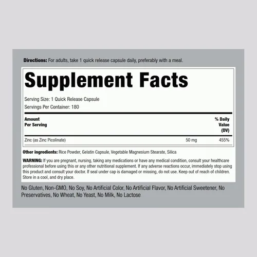 Vista 2 de Piping Rock Picolinato de Zinc 50mg 180 Cápsulas Suplemento sin OMG, sin gluten