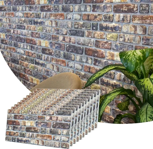 Vista 17 de Dundee Deco Paneles de pared 3D de ladrillo sintético, revestimiento de pared de aspecto de piedra marrón beige, espuma de poliestireno, muestra