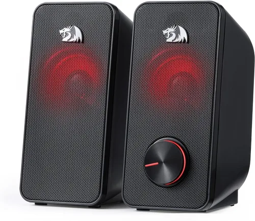 Redragon GS500 Stentor - Altavoz para juegos de PC, 2.0 canales estéreo de computadora de escritorio con retroiluminación roja, graves de calidad y