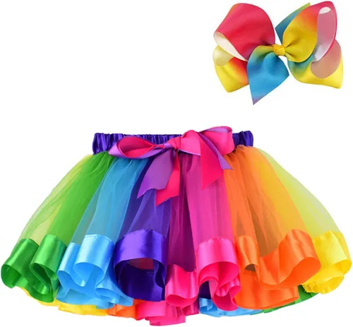 BGFKS Falda de tutú de tul de ballet en capas para niñas pequeñas con lazos coloridos para el cabello, Arcoiris (Rainbow)
