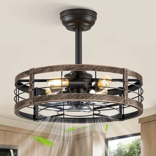 LEDIARY Ventilador de techo enjaulado Fandelier de 20 pulgadas con luz, ventilador de techo sin aspas con control remoto, pequeñas luces de Negro y