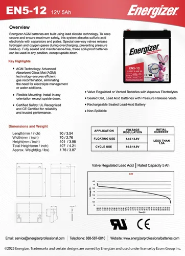 Vista 7 de Energizer EN5-12, 5 Amp Hr 12 V, batería recargable de plomo ácido sellada AGM de larga duración, ideal para uso en puertas de garaje, paneles