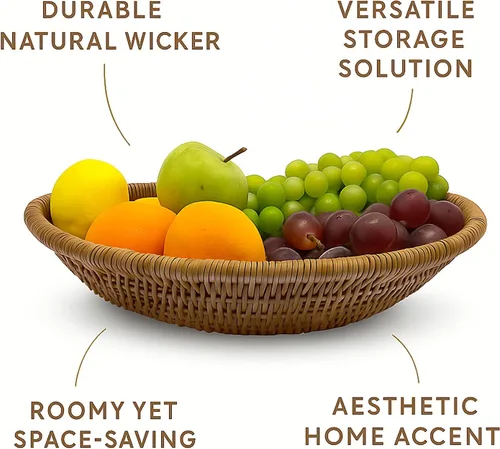 Vista 4 de Cesta de mimbre ovalada tejida a mano, bandeja de ratán natural para pan, frutas y almacenamiento, centro de mesa decorativo rústico para mesa