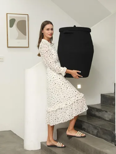 Vista 2 de Cesta alta de cuerda de algodón hecha a mano de 26"x20" con tapa, elegante forma de frasco con cubierta, cesto para ropa con tapa, para dormitorio