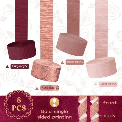 Vista 2 de NICROLANDEE 8 Rollos de Serpentinas de Papel Crepé Color Burdeos y Oro Rosa para Cumpleaños, Bodas, Compromisos, Despedida de Soltera, Despedida