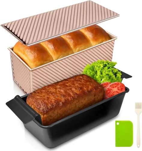 Vista 15 de Paquete de 2 moldes para pan con tapas – Capacidad de masa de 2.2 libras y 1 libra, moldes para pan de acero al carbono antiadherentes para pan