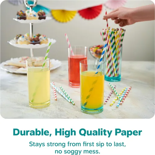 Vista 3 de GUSTO Paquete de 200 popotes de papel a rayas, resistentes y no se empañan, 100% biodegradables, tinta apta para alimentos y varias capas para un
