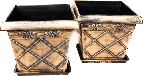 Maceta cuadrada rústica de plástico de 12 pulgadas (juego de 2 macetas + 2 bandejas a juego), maceta para habitación del bebé, para interiores y Oro