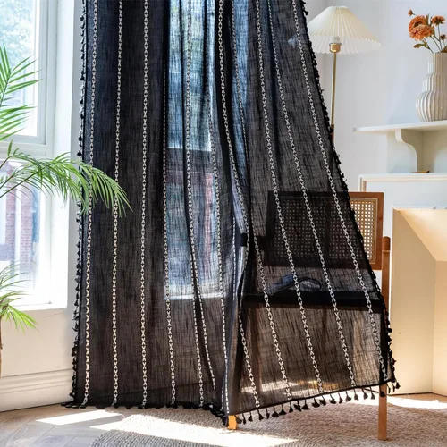 Vista 66 de Deeprove Cenefa de Cortina Boho Aqua de 18 Pulgadas de Largo, Celosía Bohemia Verde Azulado Cuadros Vichy con Textura Bordada, Borlas Vintage