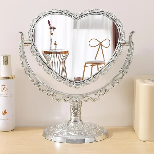 Vista 8 de Jetec Espejo en forma de corazón, maquillaje de escritorio, retro, rotación de 360 grados, cosmético de pie para decoración de tocador, espejo Beige