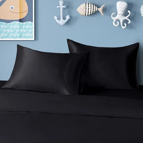Vista 5 de BEDSUM Paquete de 2 fundas de almohada de satén de seda para niños pequeños, fundas de almohada sedosas de lujo con cierre de sobre para bebés, Negro