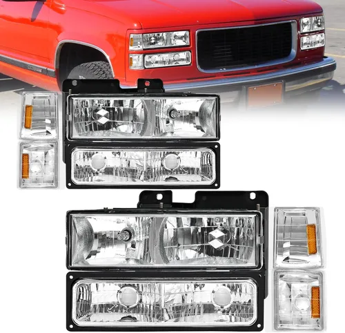 Ensamble de faros AS Compatible con 1994 1995 1996 1997 1998 GMC C10 Pick Up Sierra Suburban Yukon Carcasa cromada con reflector ámbar Reemplazo de