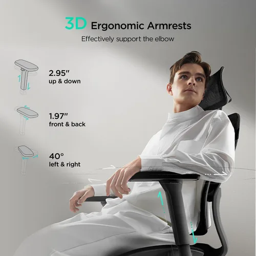 Vista 3 de Hbada E2 Silla de oficina ergonómica, silla de oficina de malla grande y alta con soporte lumbar dinámico de 6 vías, reposabrazos ajustables 3D