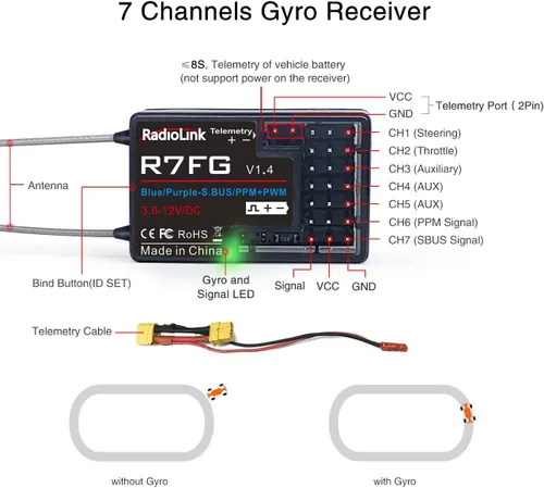 Vista 4 de Radiolink R7FG - Receptor de giroscopio de 7 canales, 2.4 GHz, telemetría integrada, control de largo alcance para RC coche, barco, transmisor