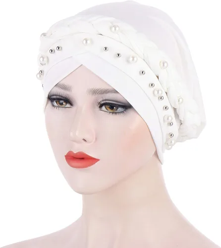 Vista 4 de Fxhixiy Hijab - Gorro de turbante con perlas para mujer, bufanda para la cabeza, gorro de quimioterapia, bandana
