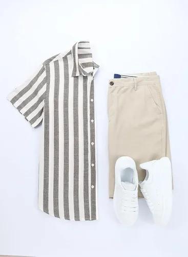 Vista 97 de JMIERR Camisas de vestir a rayas con botones y manga corta para hombre