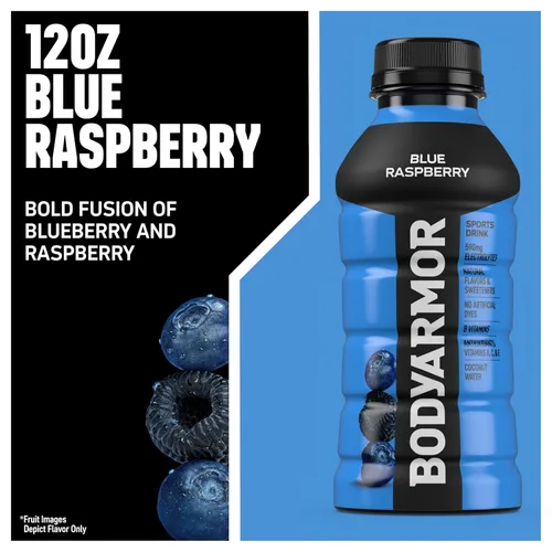 Vista 3 de BODYARMOR Bebida deportiva, frambuesa azul, sabores naturales con vitaminas, electrolitos llenos de potasio, sin conservantes, perfecta