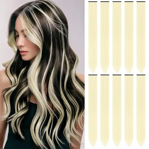 Vista 7 de Extensiones de cabello sintético de 22 pulgadas, extensiones de cabello sintético largo y lacio con clip, extensiones de cabello sintético para Negro