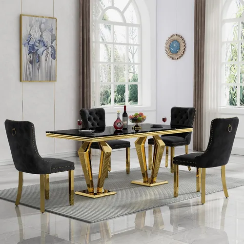 Vista 58 de HomVent - Juego de mesa de comedor de mármol sintético de 68 pulgadas con 4 sillas de terciopelo para cocina