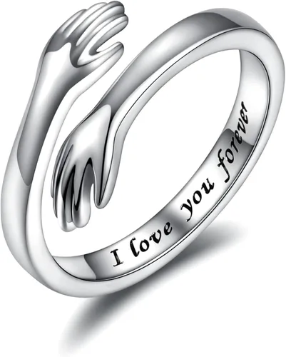 STROLLGIRL Anillos de abrazo de plata de ley 925 para mujer, anillo de abrazo con texto en inglés "I Love You Forever", banda ajustable, regalo para