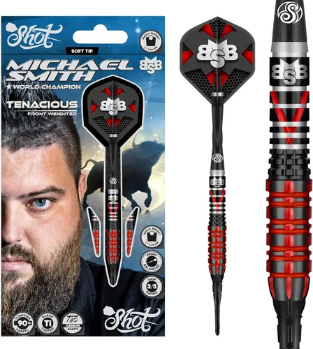 Shot! Michael Smith Tenacious (0.71 oz/0.79 onzas), barril de tungsteno 90%, peso frontal, juego de dardos profesionales hechos a mano y vuelos
