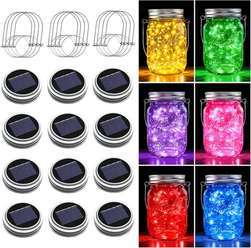 ZNYCYE Luces solares en tarro de masón para exteriores, paquete de 12 30 luces LED de luciérnaga, tapas solares para exteriores impermeables con