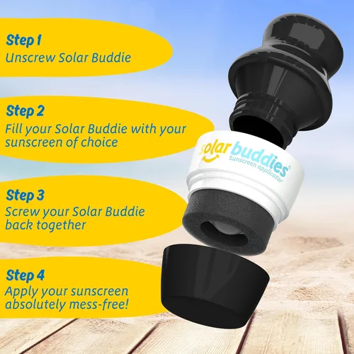 Vista 5 de Solar Buddies Paquete de viaje Grab & Go, clip de carabina y cepillo de limpieza, protector solar de esponja recargable, aplicador de crema solar