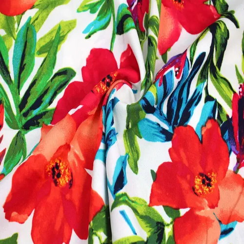 Vista 3 de Impreso Scuba Crepe Tejido de Punto Floral Patrón Tropical/2-Way Stretch Impresiones Tela/Proyectos de bricolaje