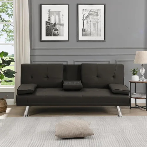Vista 8 de LUMISOL Sofá cama tipo futón plegable convertible con 2 portavasos, sofá cama para sala de estar, sofá biplaza con marco de madera con patas