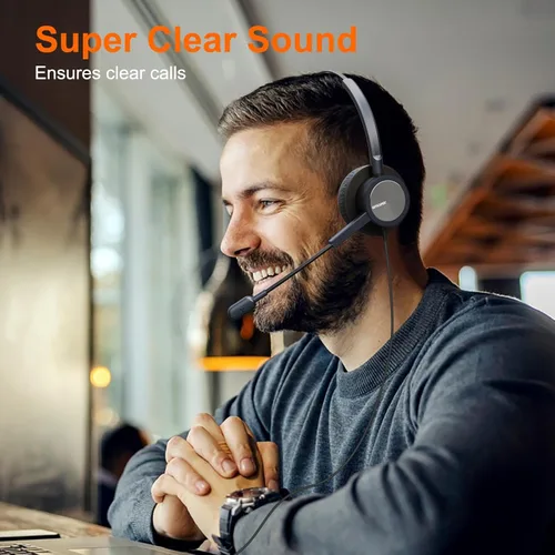 Vista 4 de Auriculares de oficina USB de un oído con micrófono para PC, auriculares USB ligeros con micrófono de cancelación de ruido para equipos portátiles