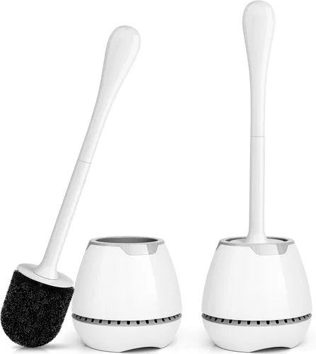 Juego de 2 cepillos de inodoro con soporte ventilado y mango largo ergonómico, cerdas duraderas para limpieza de baño (blanco)