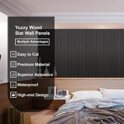 Vista 4 de Yuzzy Paneles de madera para pared y techo, paneles acústicos de listones de madera de 108 x 11 pulgadas, 2 unidades, paneles de pared modernos que