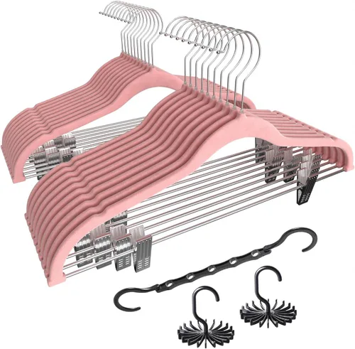 Vista 12 de VECELO Perchas de terciopelo de alta calidad con clips de metal (paquete de 20), antideslizantes y ahorran espacio con 1 ganchos mágicos y 2