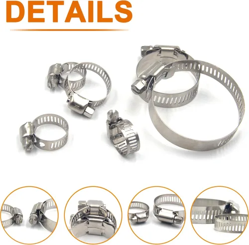 Vista 3 de ISPINNER Juego de 30 abrazaderas de manguera 6-51mm (1/4"-2") Ajustable 304 Acero inoxidable Engranaje de gusano Abrazaderas de manguera 6 tamaños