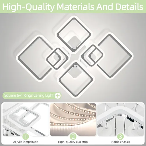 Vista 3 de Modernas luces LED de techo para dormitorio, 40.2 pulgadas, regulables, cuadradas, 6+1 anillos, luces de techo para sala de estar con control remoto