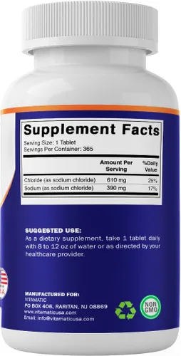 Vista 8 de Vitamatic Cloruro de Sodio 1000mg – 365 Tabletas Reponedor de Electrolitos y Soporte de Hidratación – Sin OGM, Sin Gluten