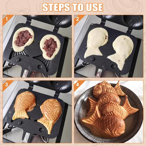 Vista 6 de MAOPINER Taiyaki Fish Shape Cake Pan Waffle Cake Maker Fish Shaped Pancake Double Pan Mold for Home DIY Cooking Party Dessert
