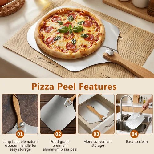 Vista 3 de Juego de Pala y Bandeja para Pizza, 7 Piezas de Accesorios para Horno de Pizza, Pala de Pizza de Metal de 12 Pulgadas (12"x 14") con Mango de Madera