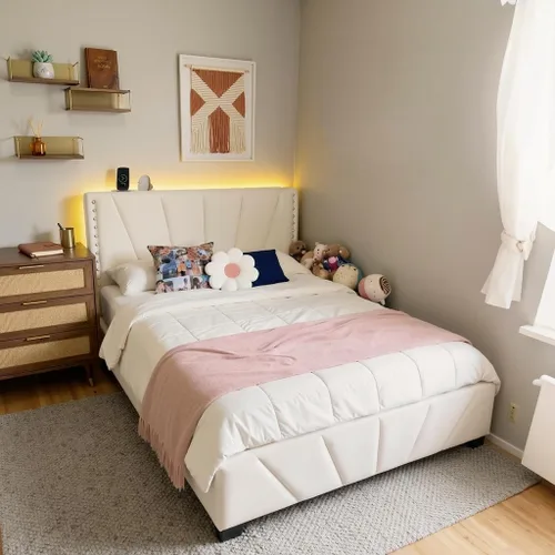 Vista 16 de EnHomee Base de cama de plataforma individual con cabecera ajustable tapizada de terciopelo, luces LED y estación de carga para dormitorio, Beige