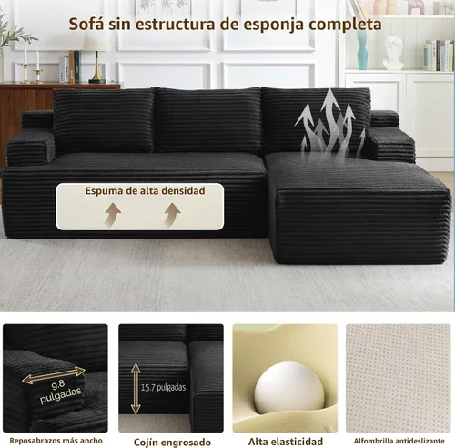 Vista 7 de Sofá modular de 96 pulgadas en forma de L, sofá modular de 3 asientos, sofá modular de pana de espuma viscoelástica sin hueso para sala de estar